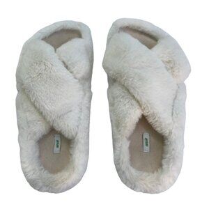 Aerie Women's Plush Slip-on Slippers Rubber Bottoms Off-White, Furry EUC, sz. 6